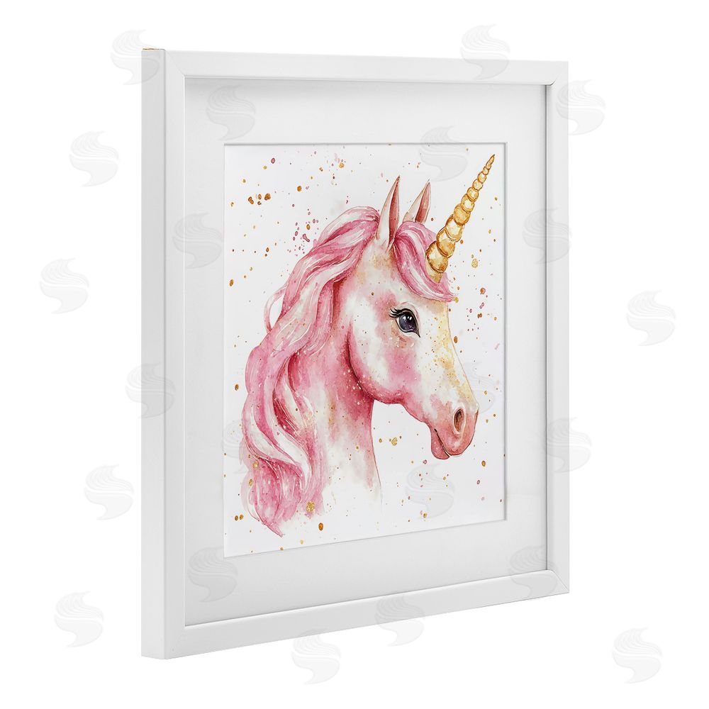 Creative Studio Pink Unicorn with Paint Splatter White Framed Print Under Glass with Mat Wall Art