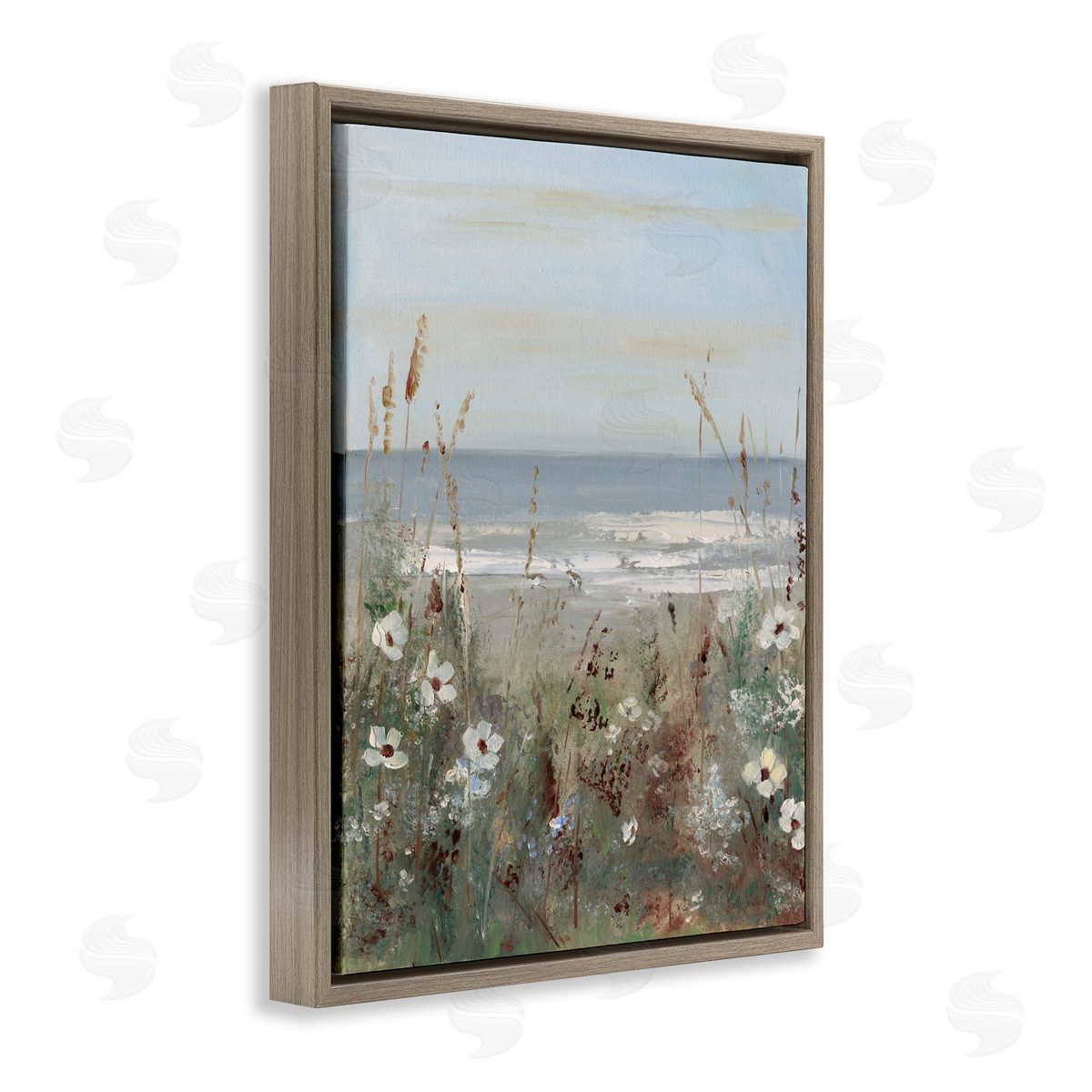 Sally Swatland Wildflower Coastline Scene Brown Floating Frame Canvas Art Print