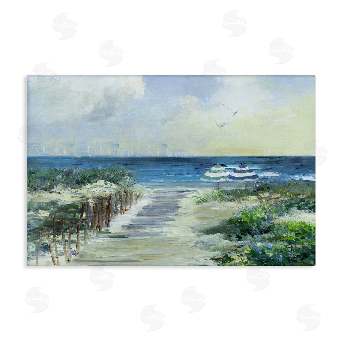 Sally Swatland Two Beach Umbrellas Coastline Canvas Wall Art Print