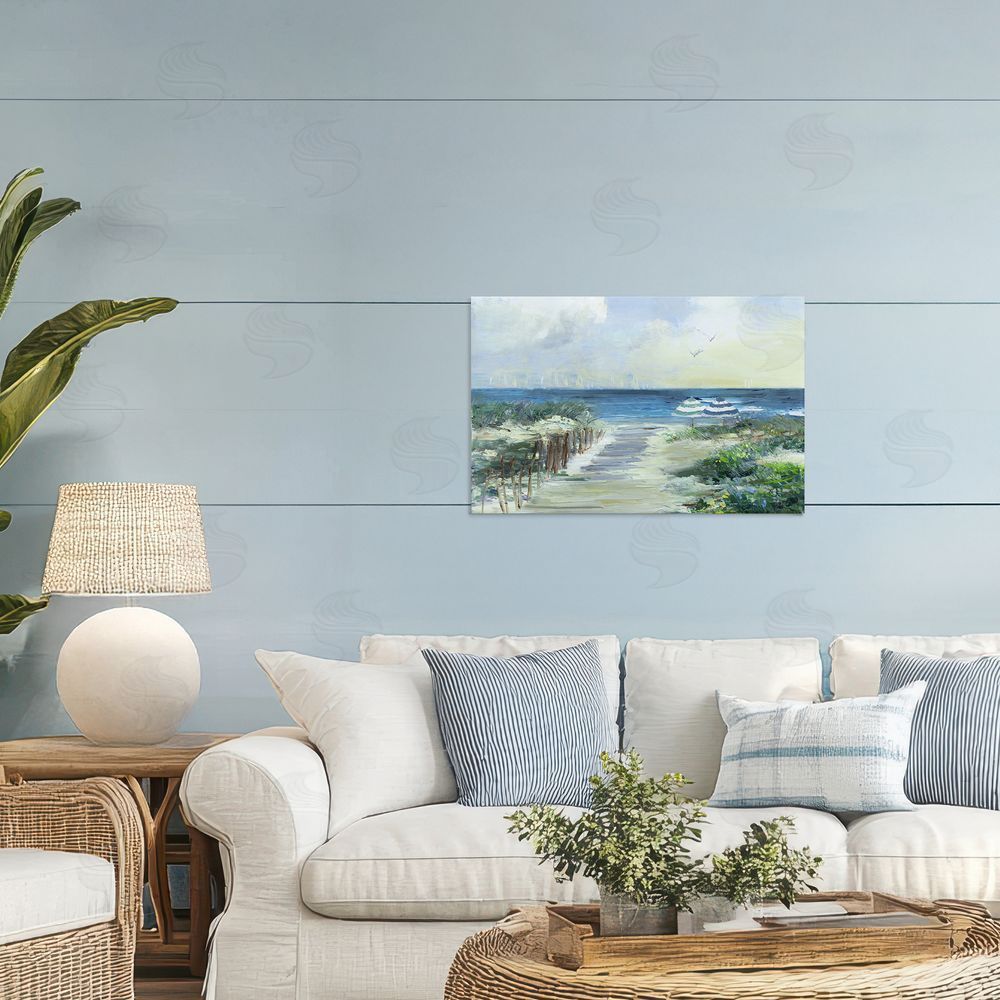 Sally Swatland Two Beach Umbrellas Coastline Printed Wall Art in Room