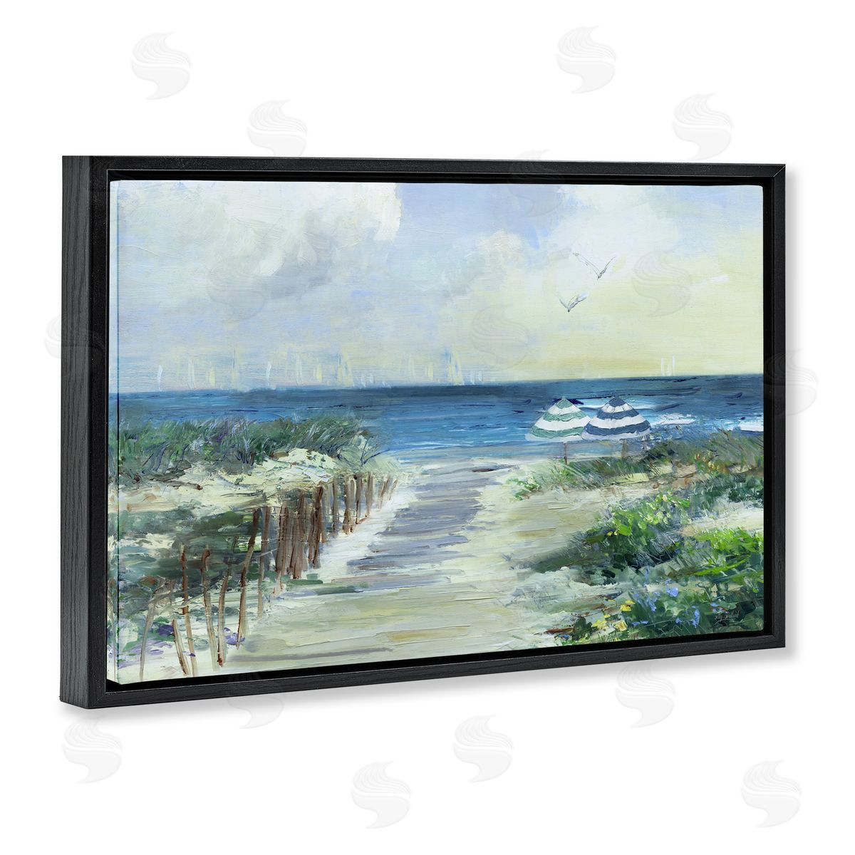 Sally Swatland Two Beach Umbrellas Coastline Black Floating Frame Canvas Wall Art Print