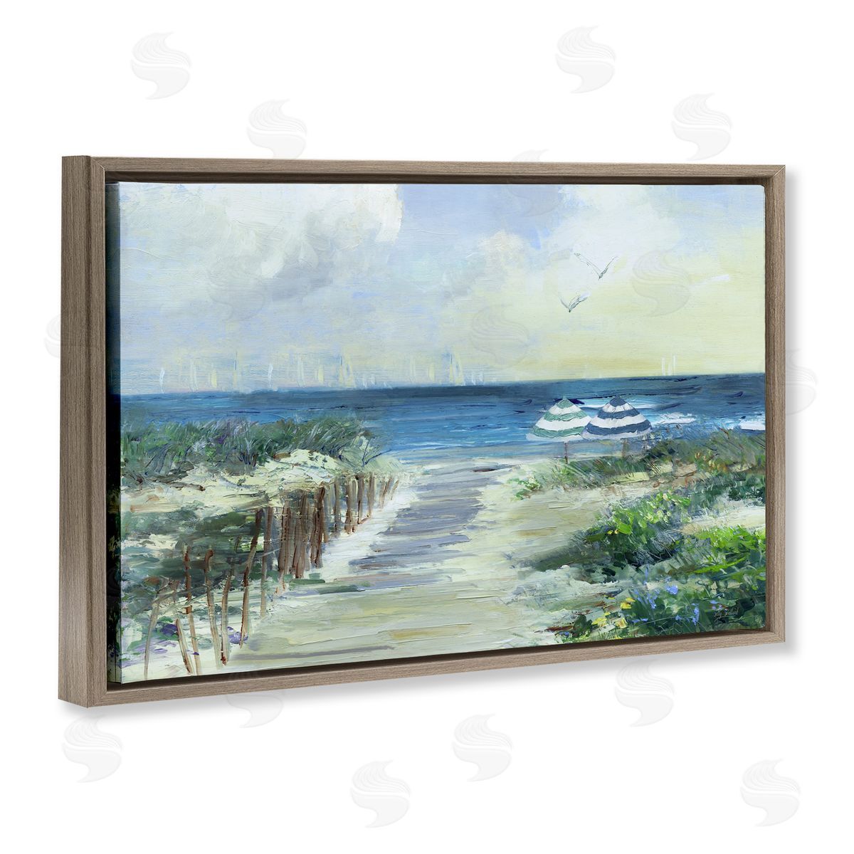 Sally Swatland Two Beach Umbrellas Coastline Brown Floating Frame Canvas Art Print