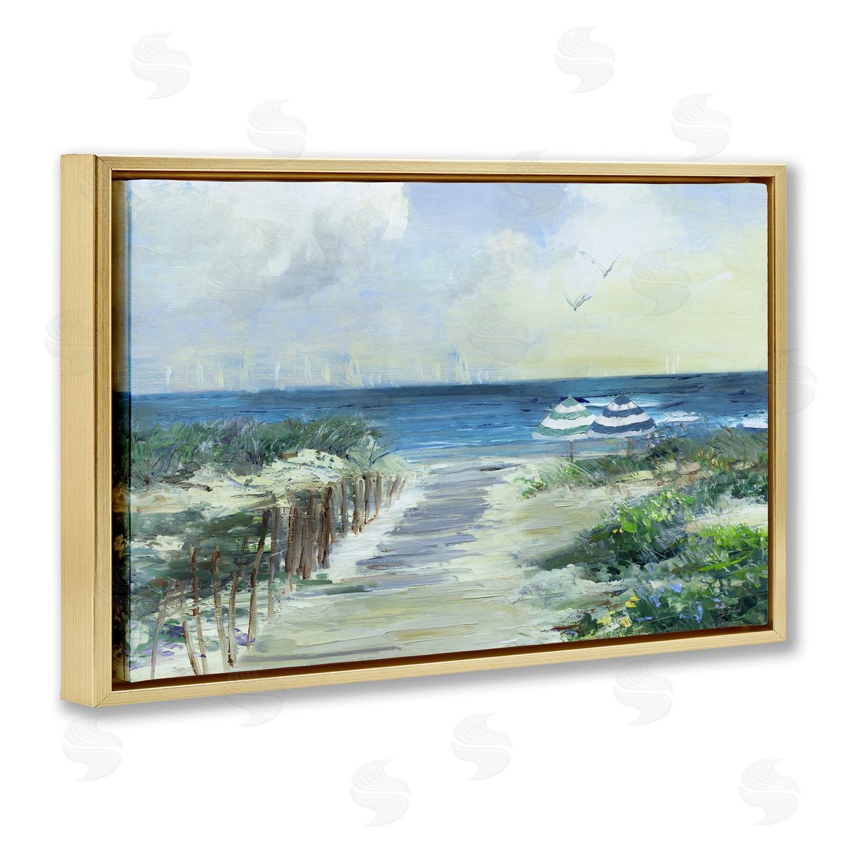Sally Swatland Two Beach Umbrellas Coastline Gold Floating Frame Canvas Art Print