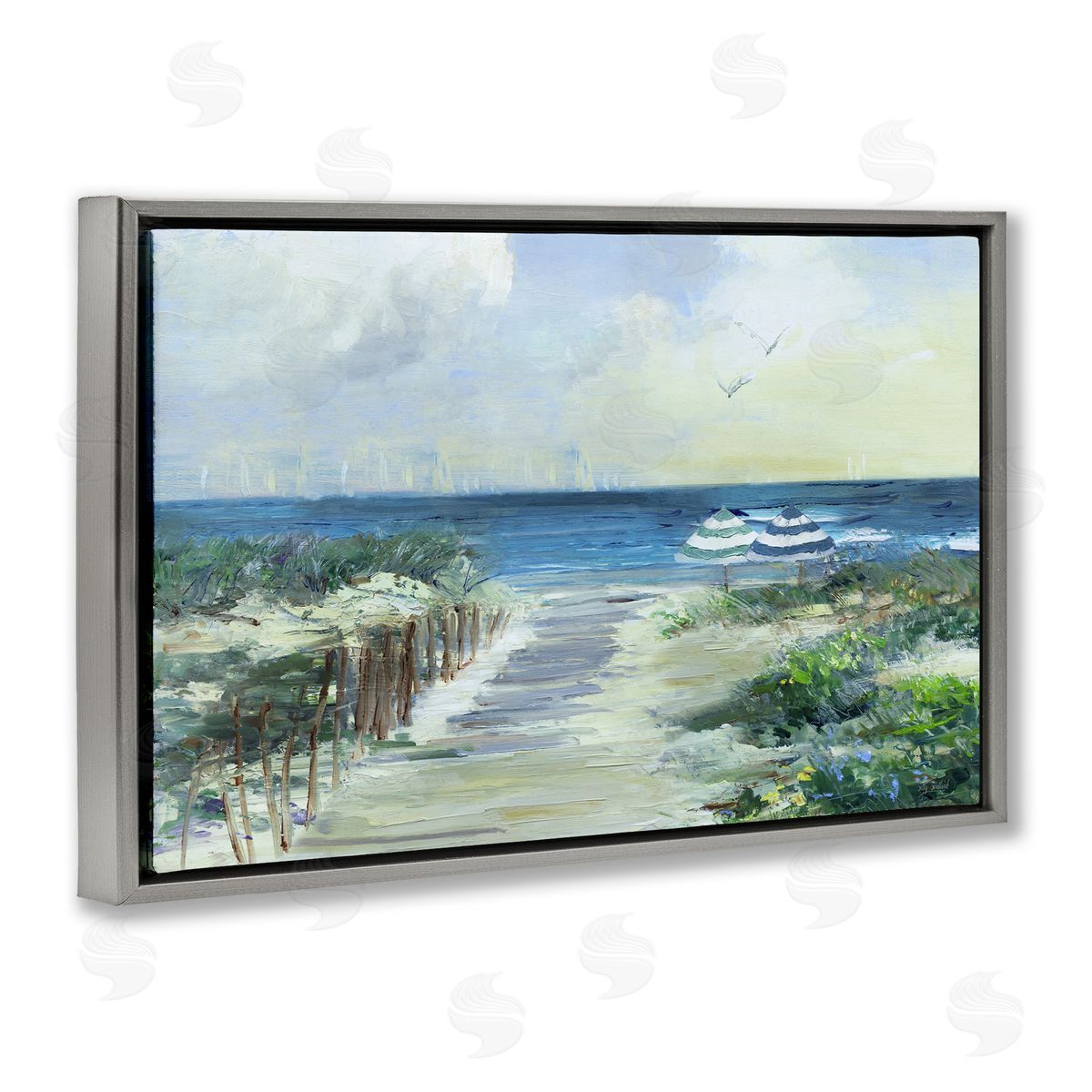 Sally Swatland Two Beach Umbrellas Coastline Gray Floating Frame Canvas Art Print