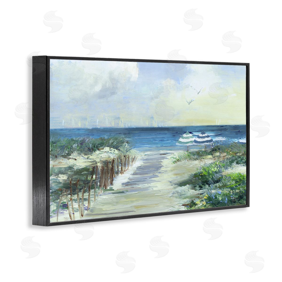 Sally Swatland Two Beach Umbrellas Coastline Black Framed Giclee Art Print