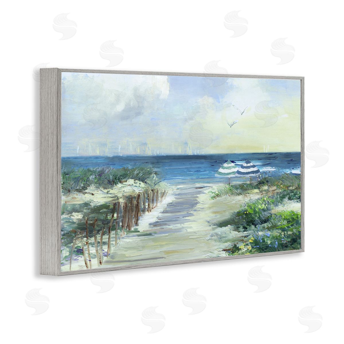 Sally Swatland Two Beach Umbrellas Coastline Gray Framed Giclee Art Print