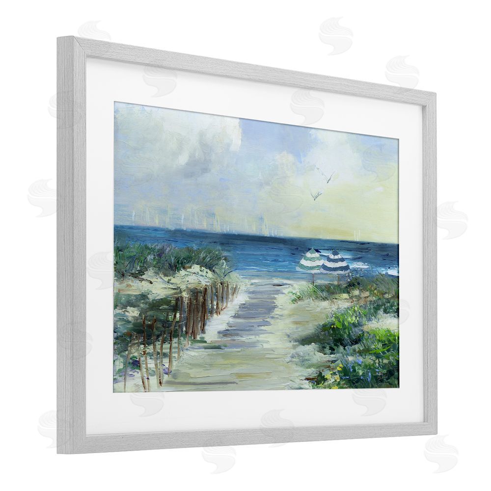 Sally Swatland Two Beach Umbrellas Coastline Gray Framed Print Under Glass Art