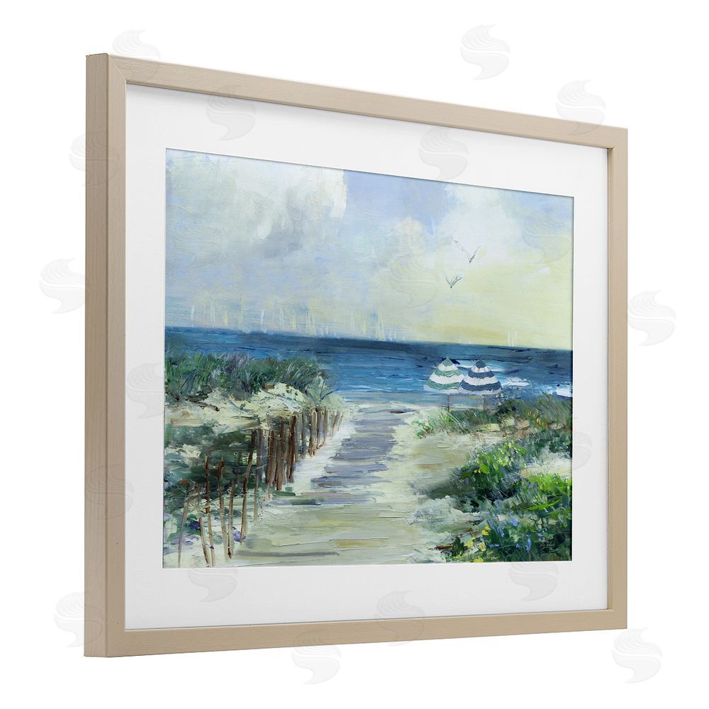 Sally Swatland Two Beach Umbrellas Coastline Birch Framed Print Under Glass Art
