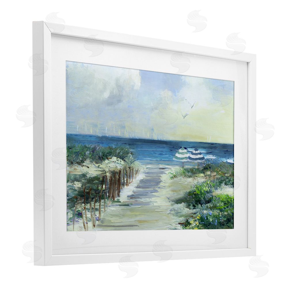 Sally Swatland Two Beach Umbrellas Coastline White Framed Print Under Glass Art