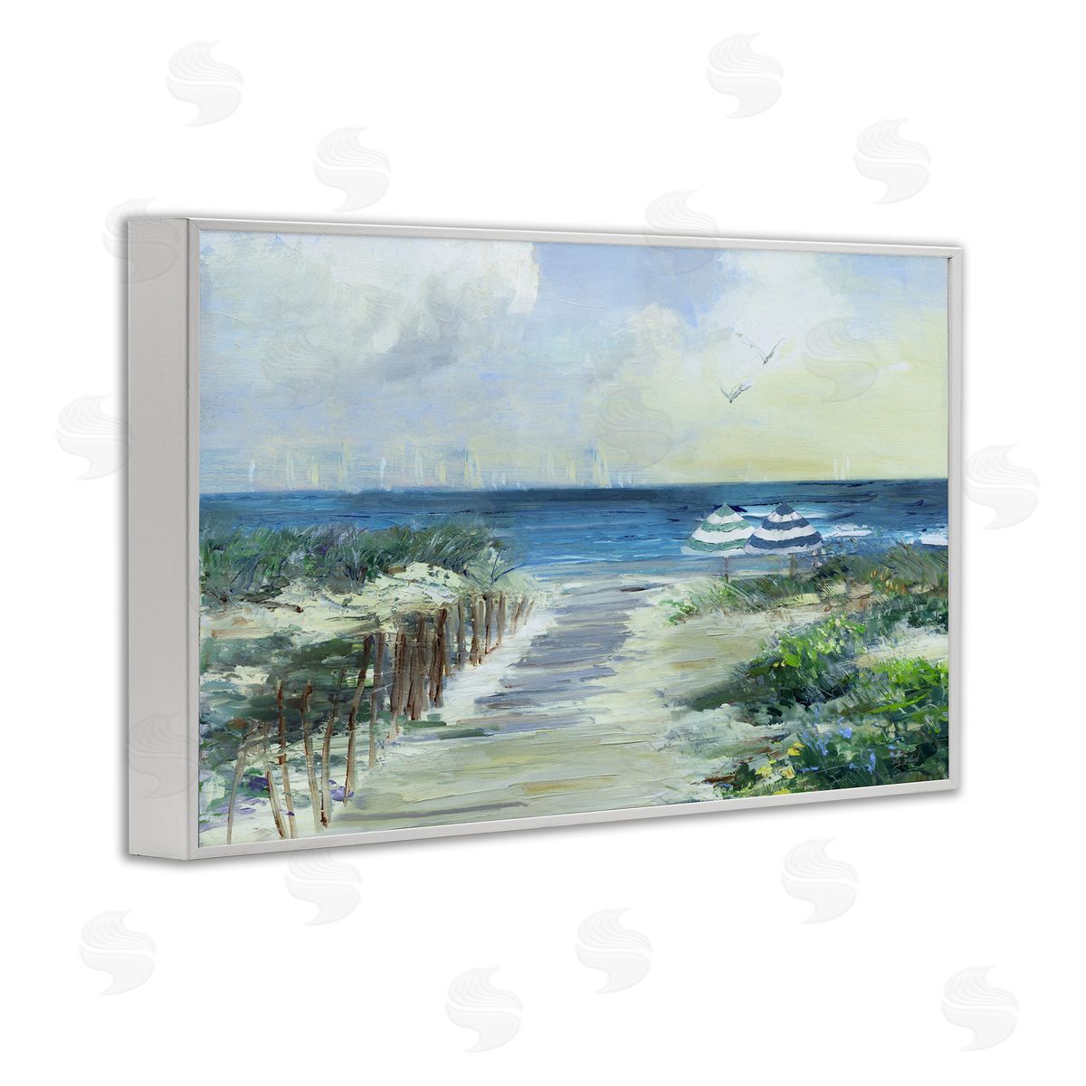 Sally Swatland Two Beach Umbrellas Coastline White Frame Giclee Art Print