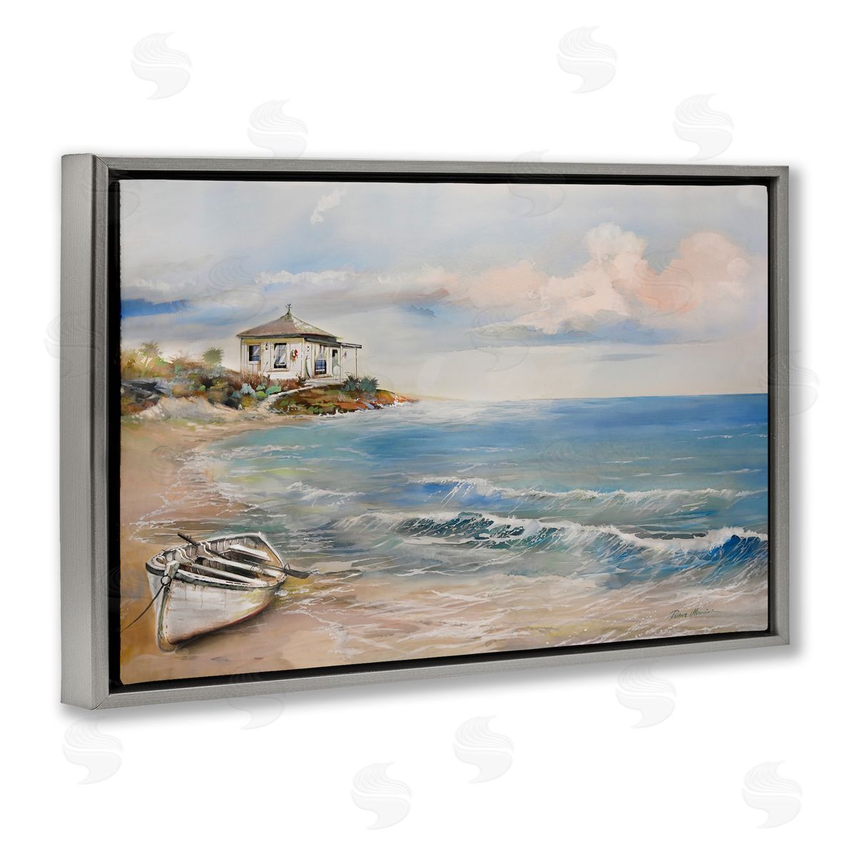 Ruane Manning Shoreline Rowboat Scene Gray Floating Frame Canvas Art Print