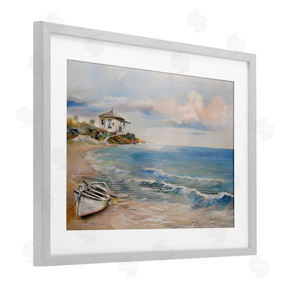 Ruane Manning Shoreline Rowboat Scene Gray Framed Print Under Glass Art