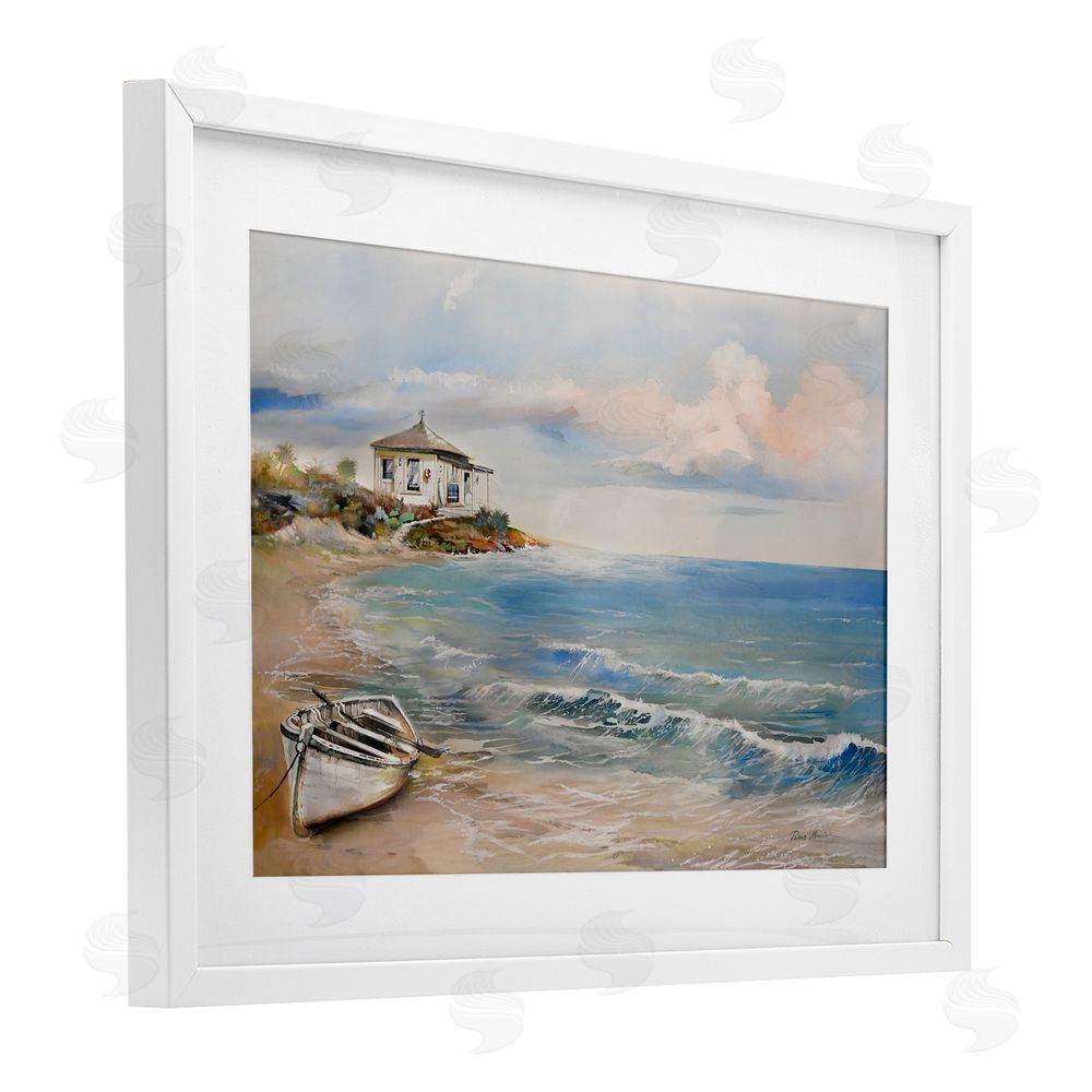 Ruane Manning Shoreline Rowboat Scene White Framed Print Under Glass Art