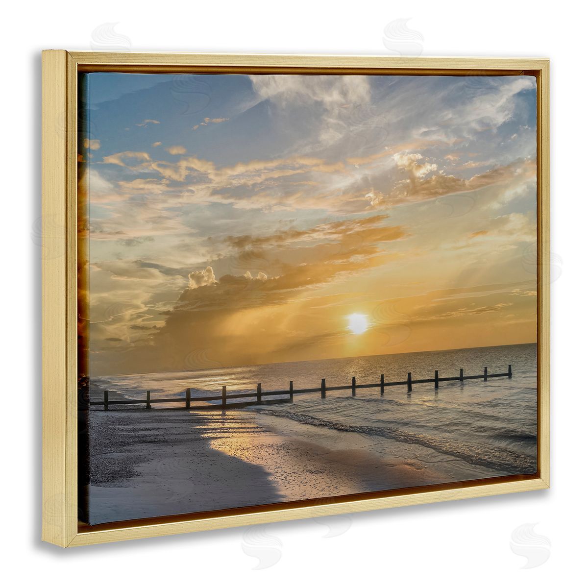 Mike Calascibetta Sunset Pier Photograph Gold Floating Frame Canvas Art Print