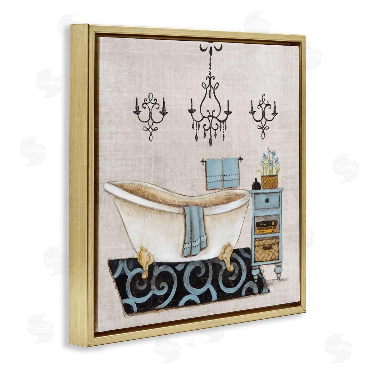 Janet Tava Blue Relaxation Bathtub Gold Floating Frame Canvas Art Print