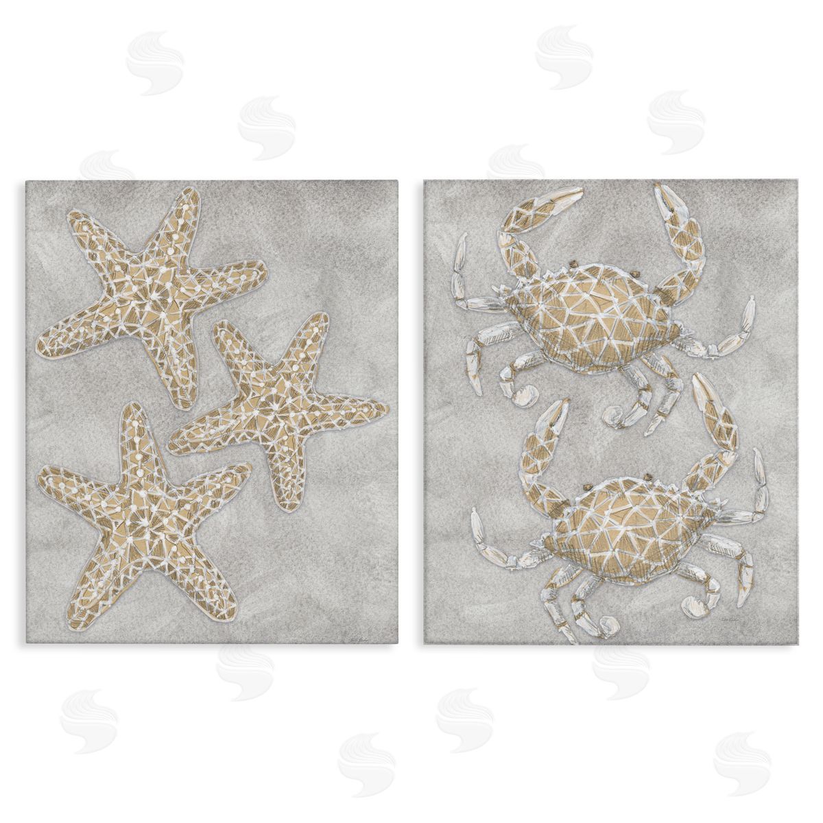 Patti Bishop Grey Starfish & Crab Drawing Canvas Wall Art Print