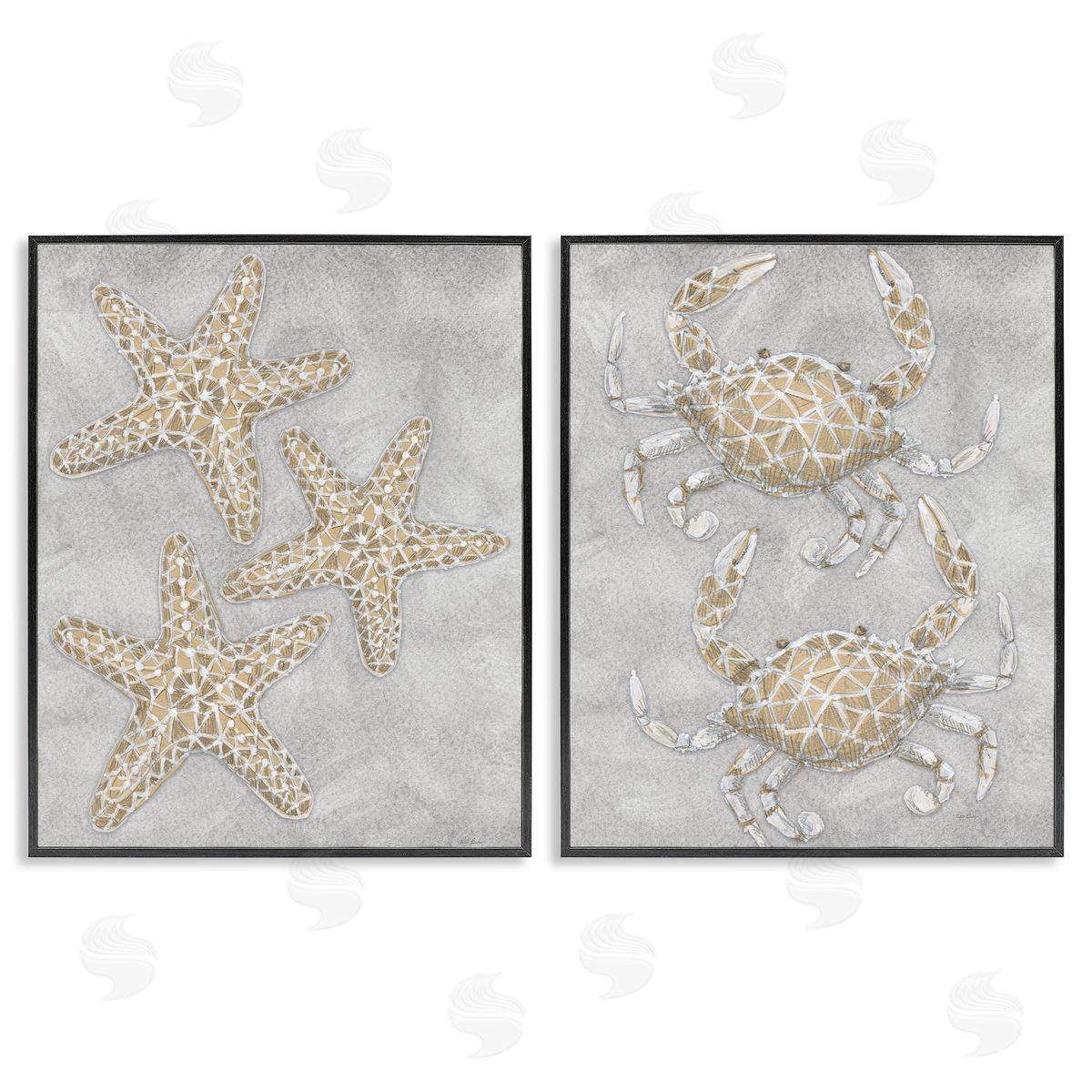 Patti Bishop Grey Starfish & Crab Drawing Canvas Wall Art Print
