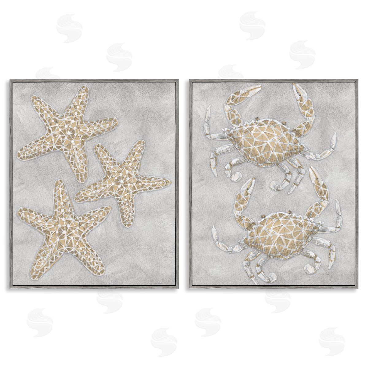 Patti Bishop Grey Starfish & Crab Drawing Canvas Wall Art Print