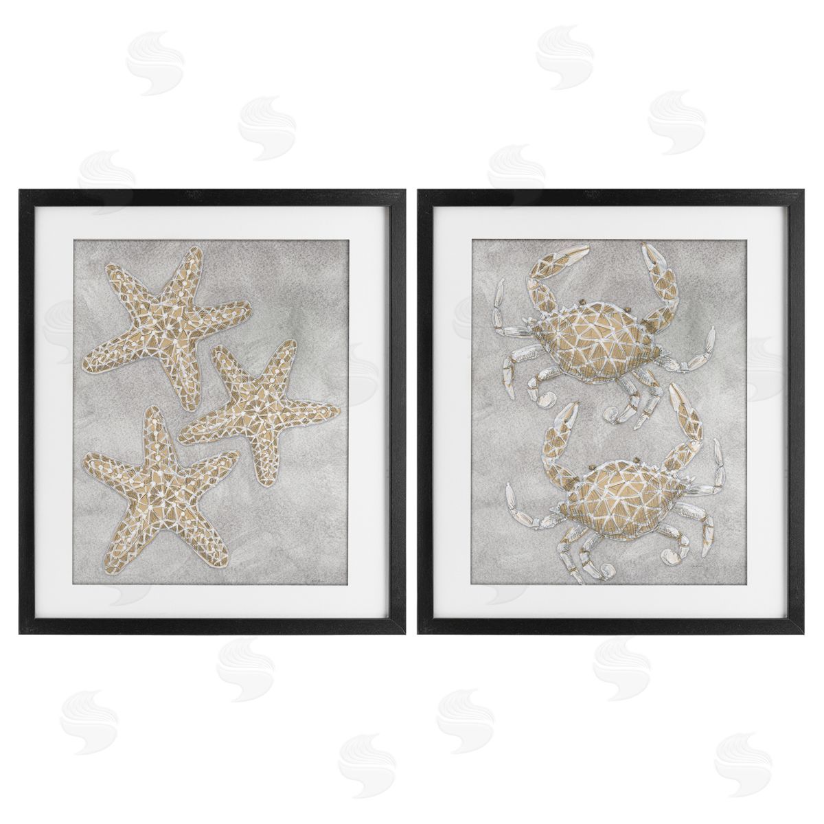 Patti Bishop Grey Starfish & Crab Drawing Canvas Wall Art Print
