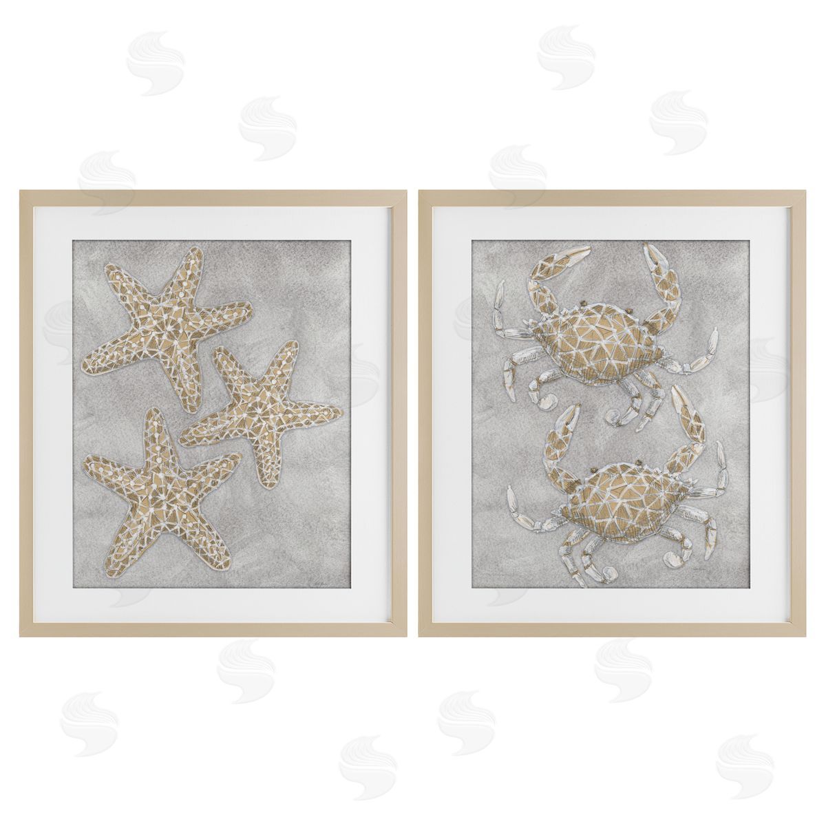 Patti Bishop Grey Starfish & Crab Drawing Canvas Wall Art Print