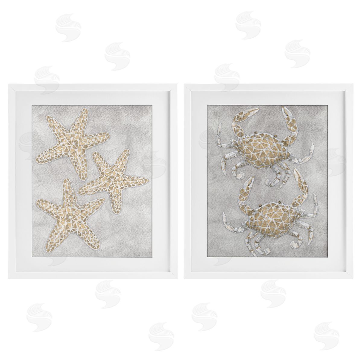 Patti Bishop Grey Starfish & Crab Drawing Canvas Wall Art Print