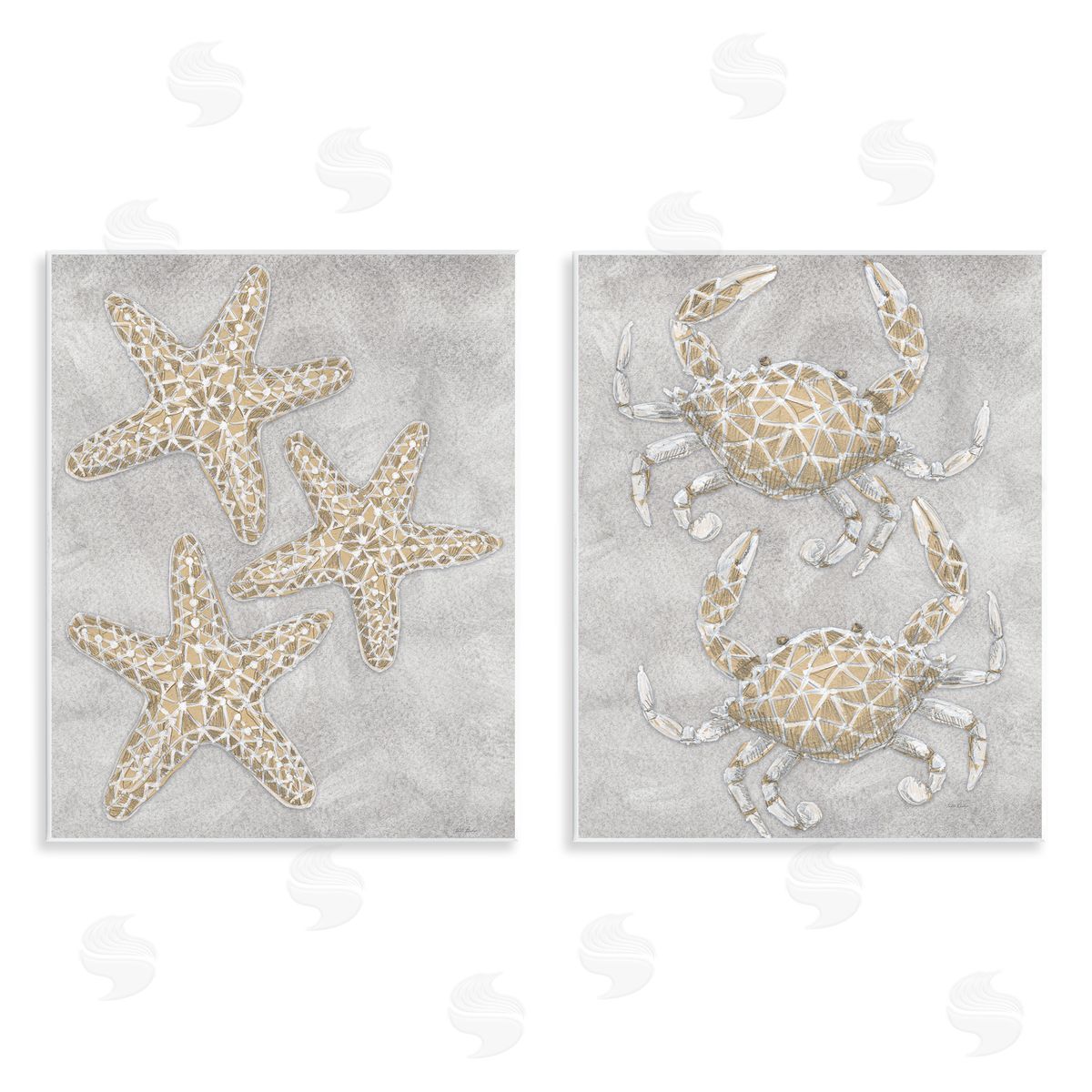 Patti Bishop Grey Starfish & Crab Drawing Canvas Wall Art Print