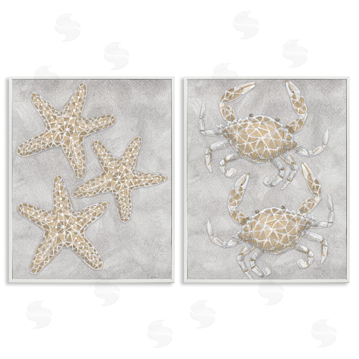 Patti Bishop Grey Starfish & Crab Drawing Canvas Wall Art Print