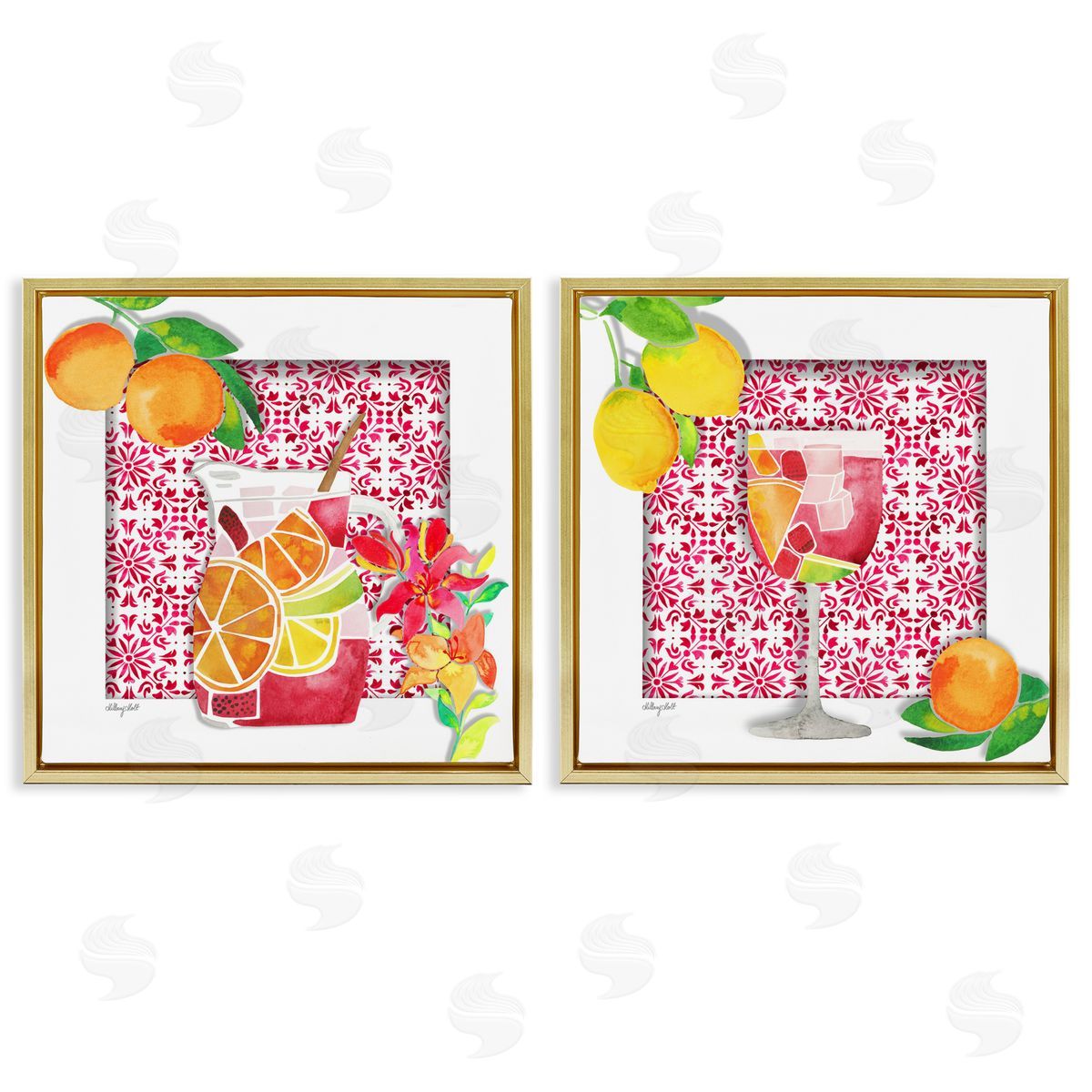 Sangria Pitcher & Glass Gold Floating Frame Canvas Wall Art, Home Decor by Hillary Holt