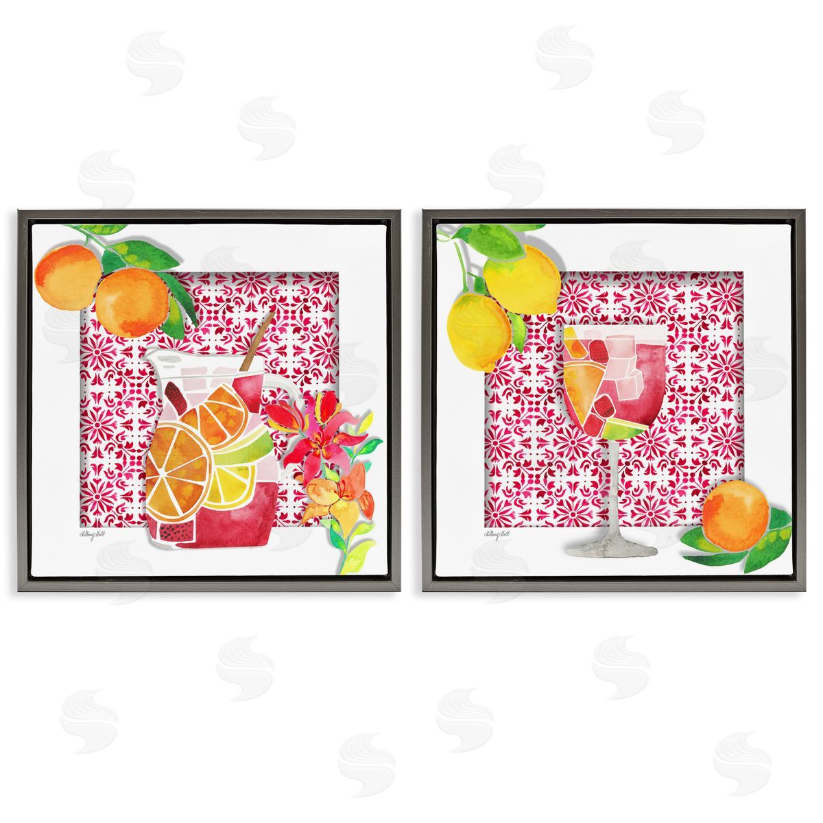 Sangria Pitcher & Glass Grey Floating Frame Canvas Wall Art, Home Decor by Hillary Holt