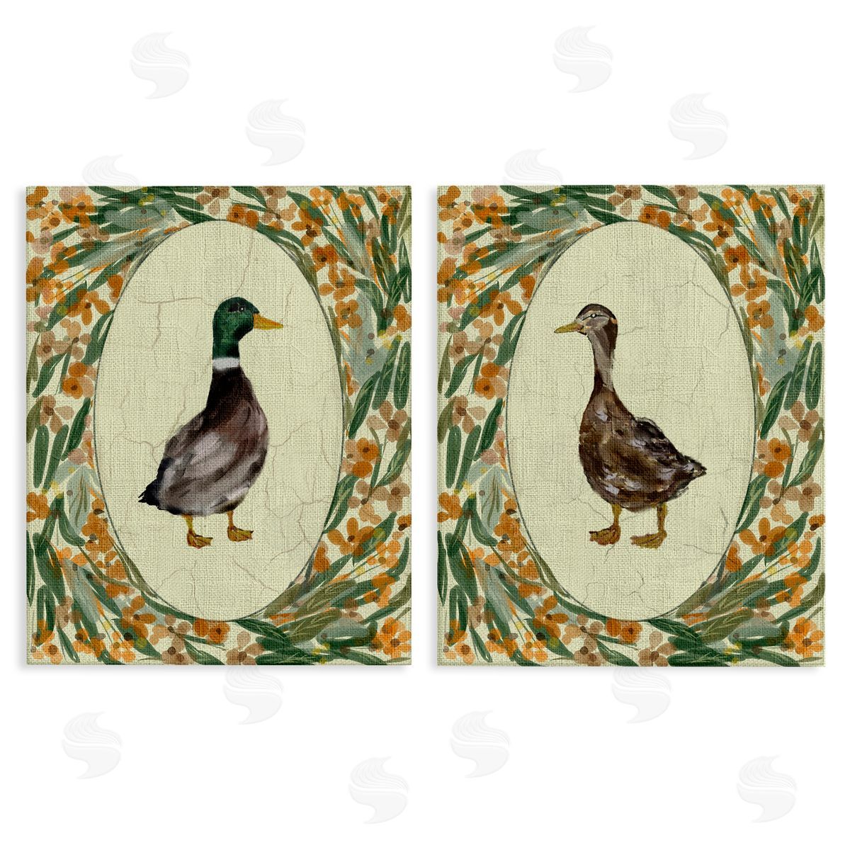 Yen Country Floral Duck Portraits Canvas Wall Art Print