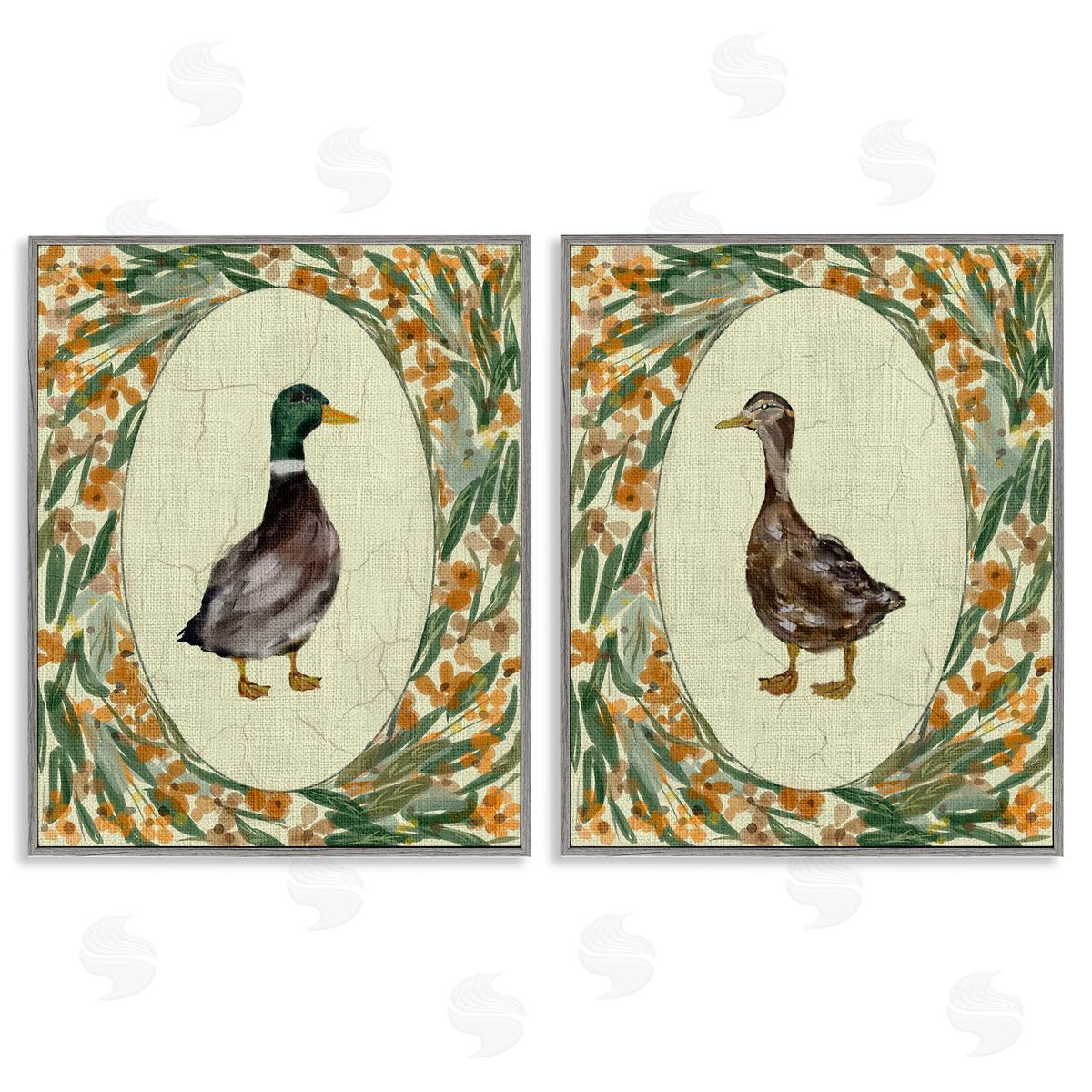 Yen Country Floral Duck Portraits Canvas Wall Art Print