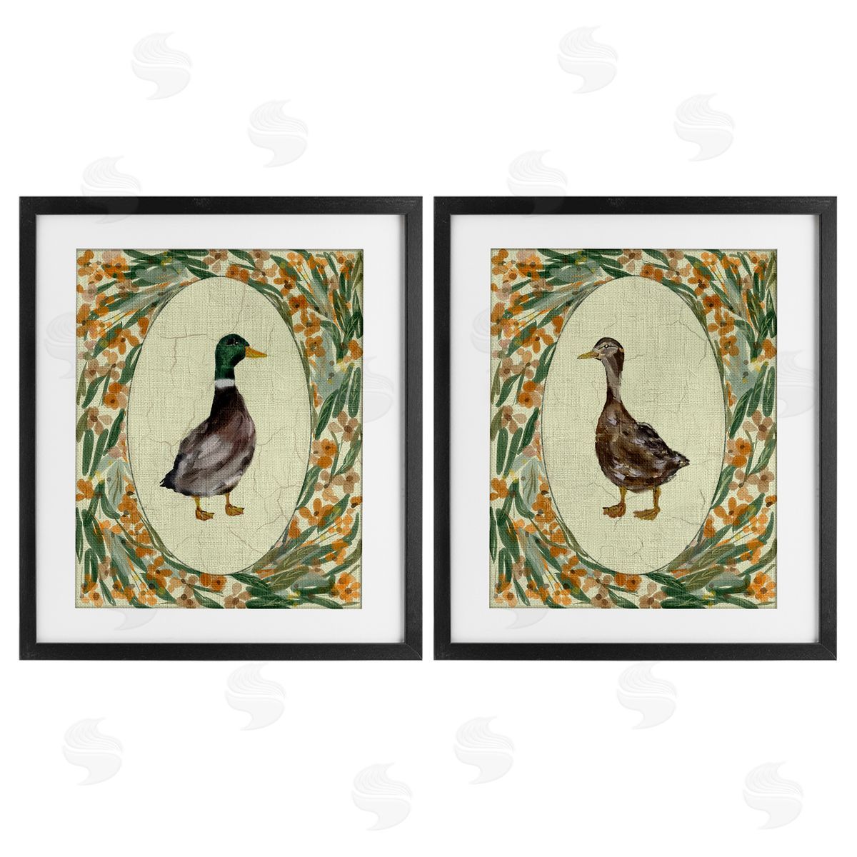 Yen Country Floral Duck Portraits Canvas Wall Art Print