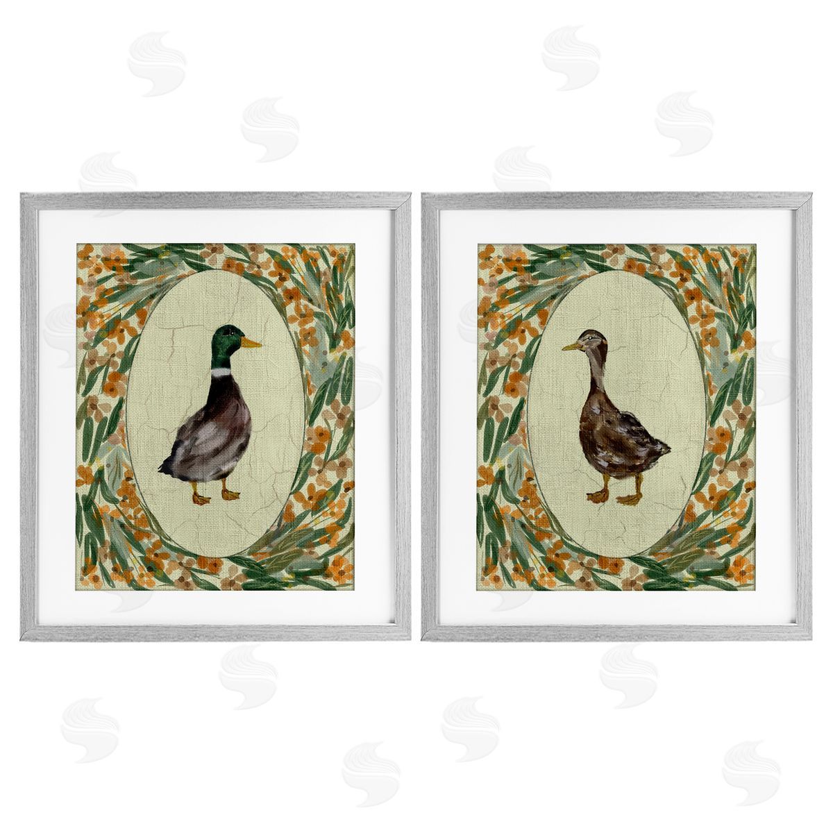 Yen Country Floral Duck Portraits Canvas Wall Art Print
