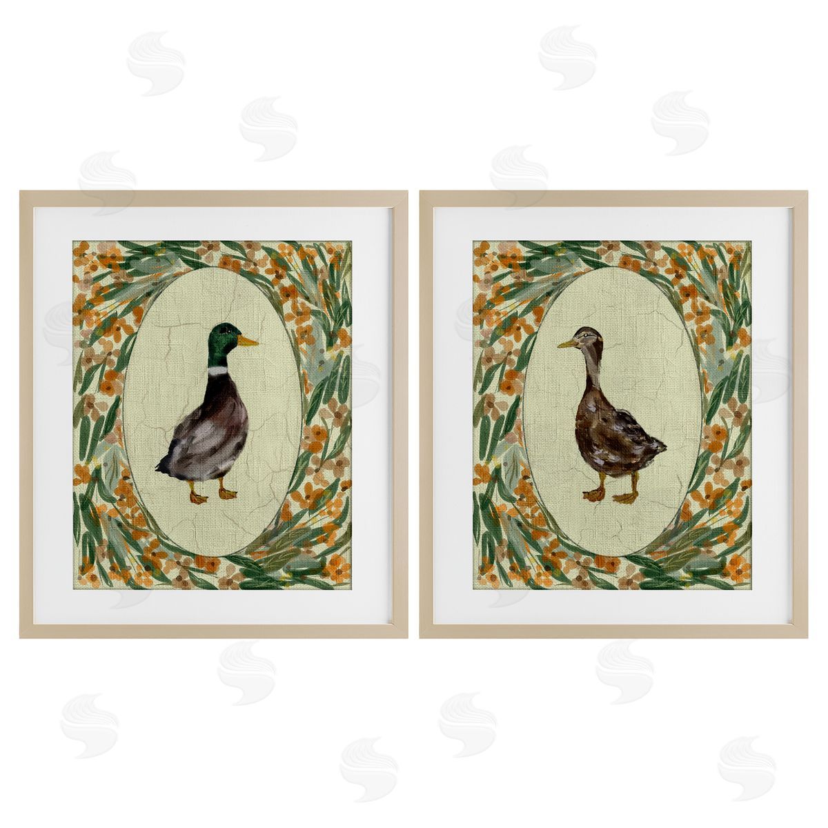 Yen Country Floral Duck Portraits Canvas Wall Art Print