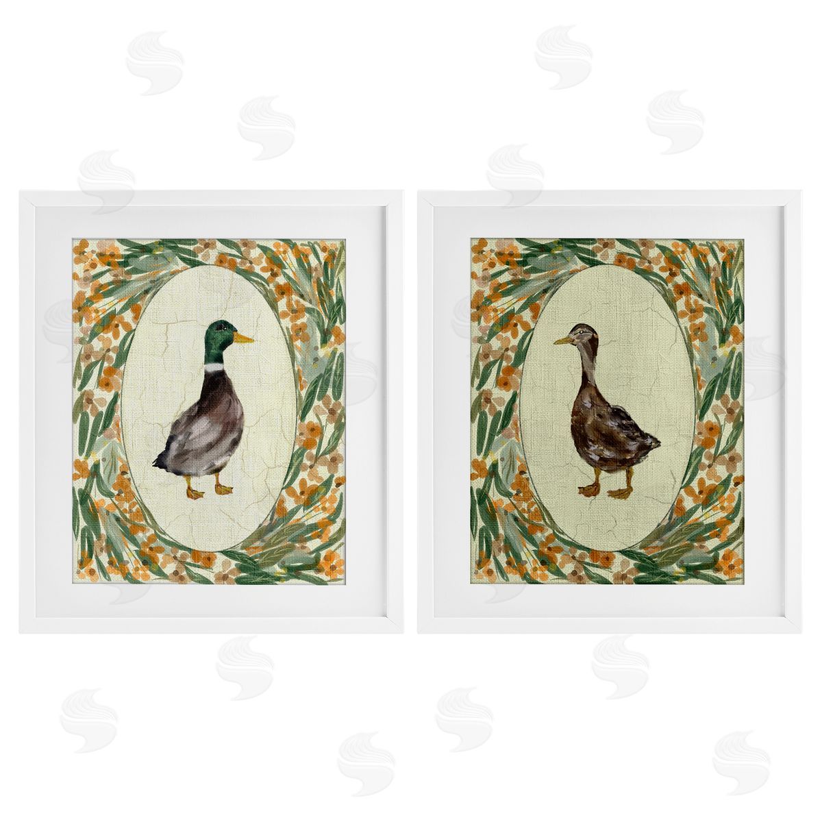 Yen Country Floral Duck Portraits Canvas Wall Art Print