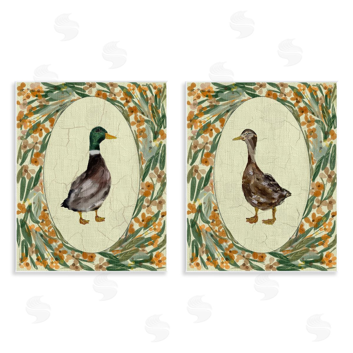 Yen Country Floral Duck Portraits Canvas Wall Art Print