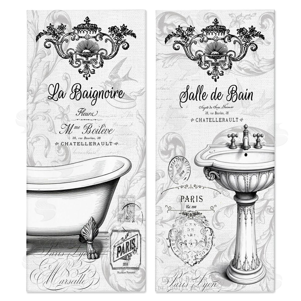 Lettered and Lined Antique French Bathroom Motifs Canvas Wall Art Print