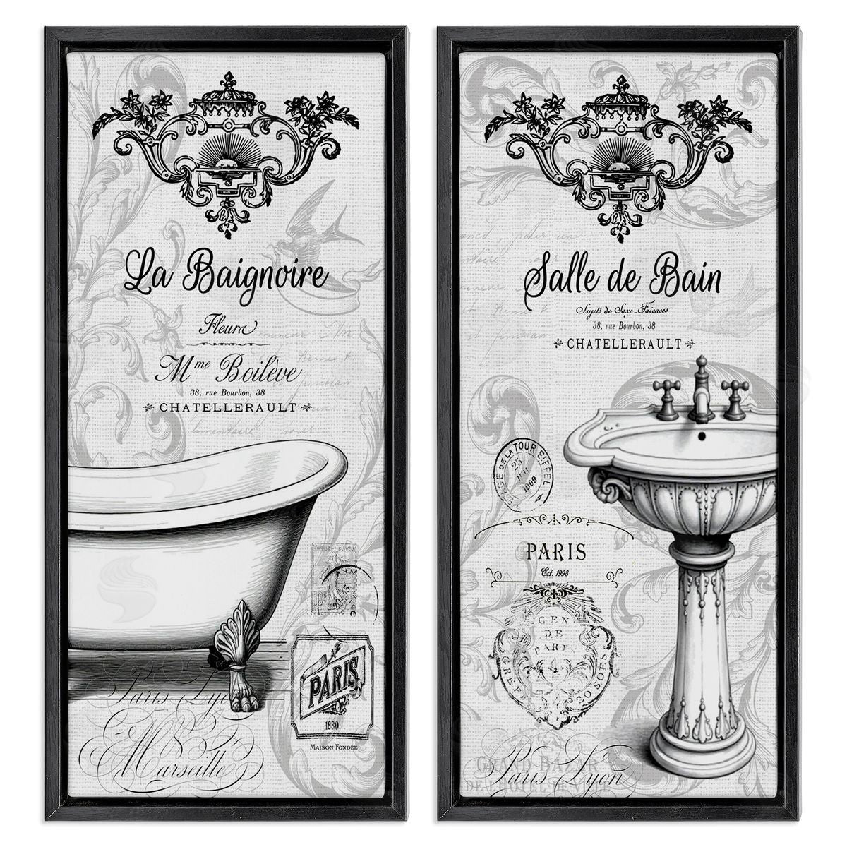 Lettered and Lined Antique French Bathroom Motifs Canvas Wall Art Print
