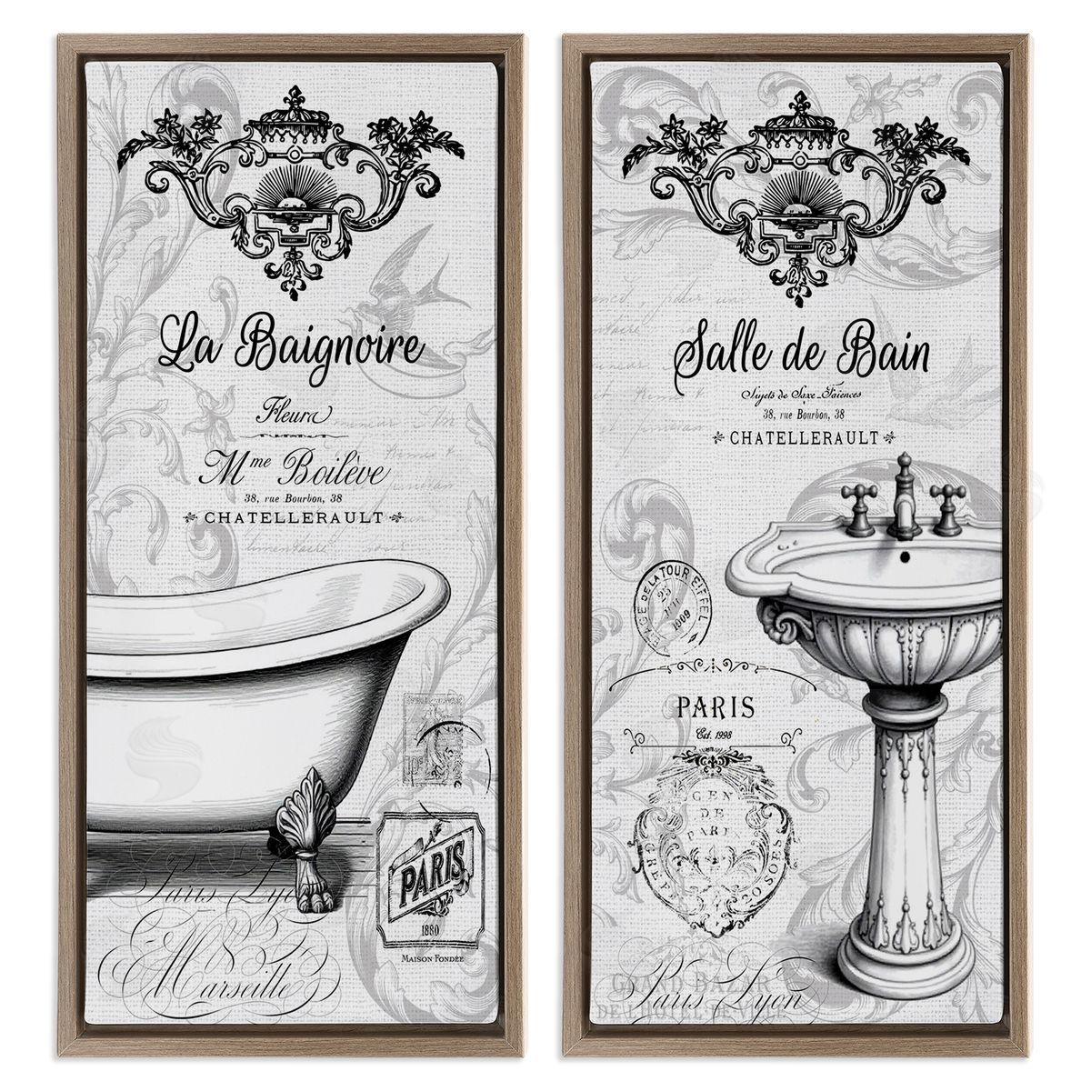 Lettered and Lined Antique French Bathroom Motifs Canvas Wall Art Print