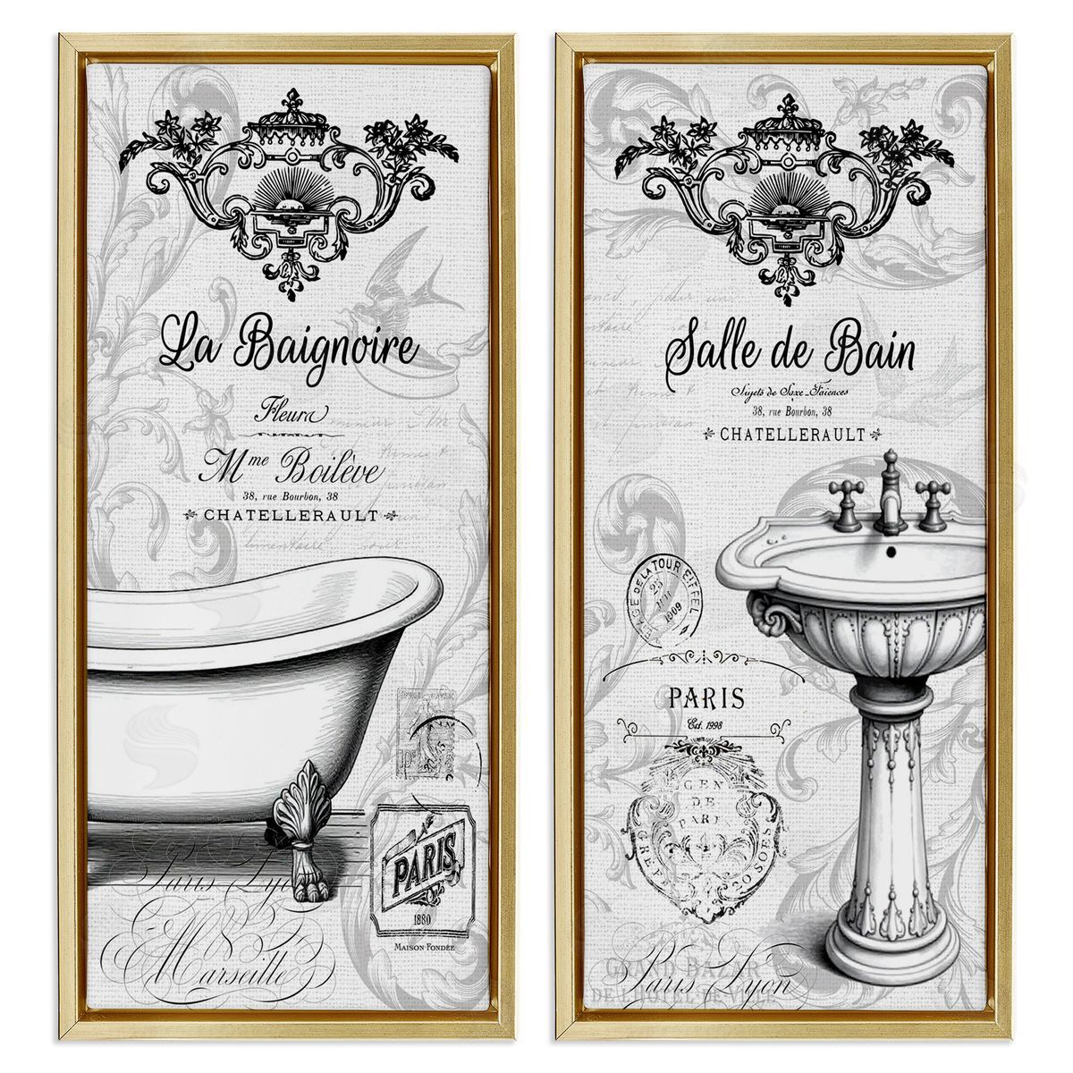 Lettered and Lined Antique French Bathroom Motifs Canvas Wall Art Print