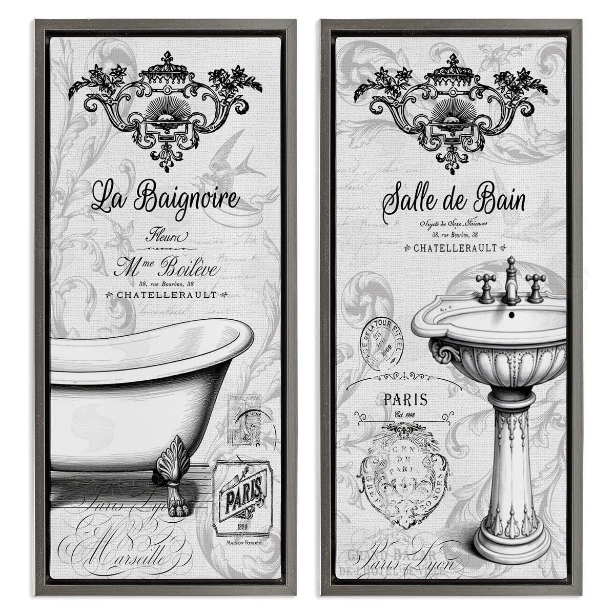 Lettered and Lined Antique French Bathroom Motifs Canvas Wall Art Print