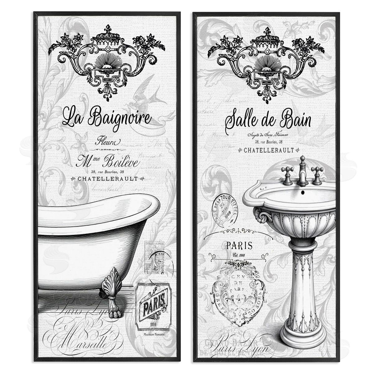 Lettered and Lined Antique French Bathroom Motifs Canvas Wall Art Print