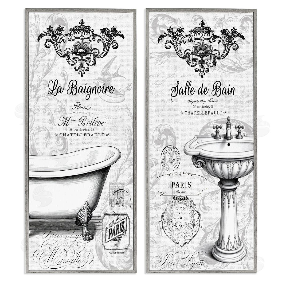 Lettered and Lined Antique French Bathroom Motifs Canvas Wall Art Print