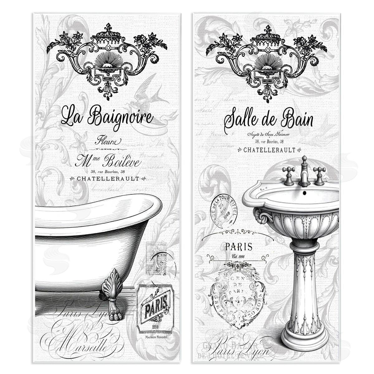 Lettered and Lined Antique French Bathroom Motifs Canvas Wall Art Print