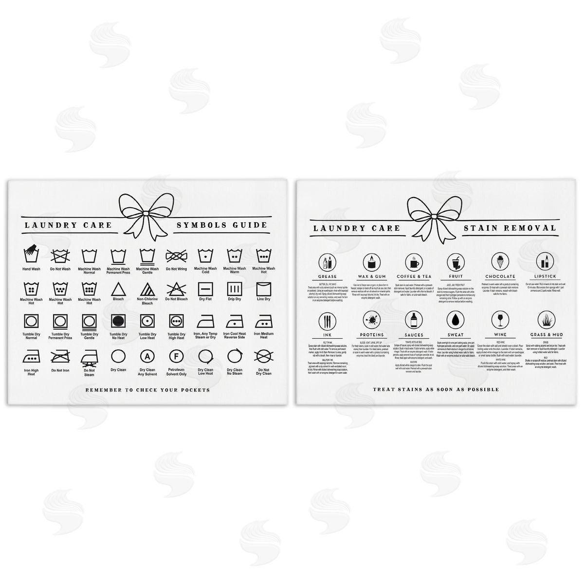 Lettered and Lined Laundry Care & Stain Removal Charts Canvas Wall Art Print