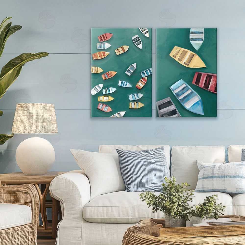 Hannah Dawson Drifting Colorful Rowboats Printed Wall Art Set in Room