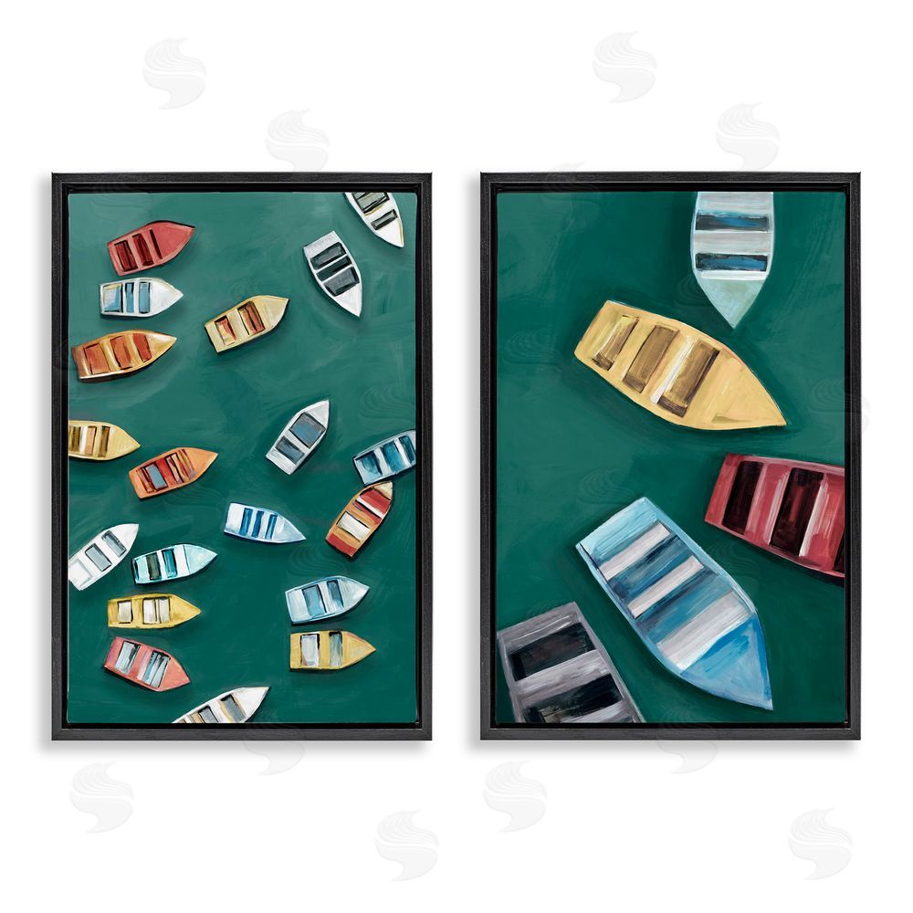 Hannah Dawson Drifting Colorful Rowboats Black Floating Frame Canvas Wall Art Set