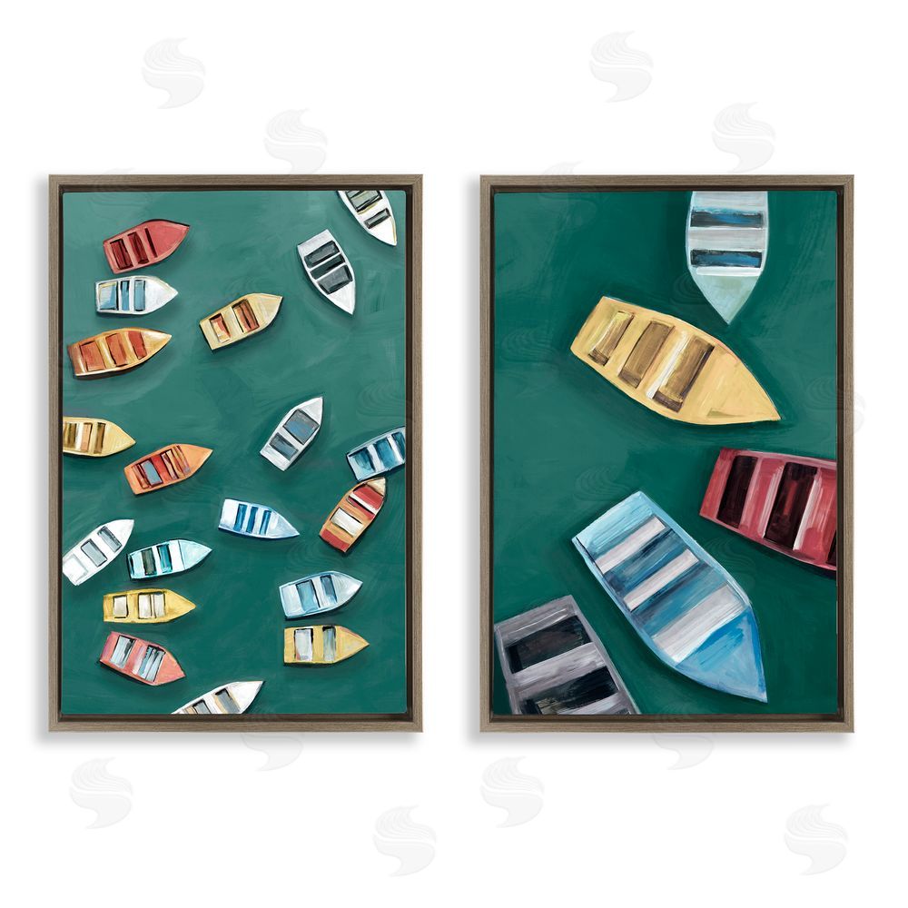 Hannah Dawson Drifting Colorful Rowboats Brown Floating Frame Canvas Art Set