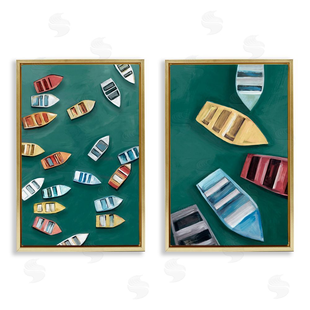 Hannah Dawson Drifting Colorful Rowboats Gold Floating Frame Canvas Art Set