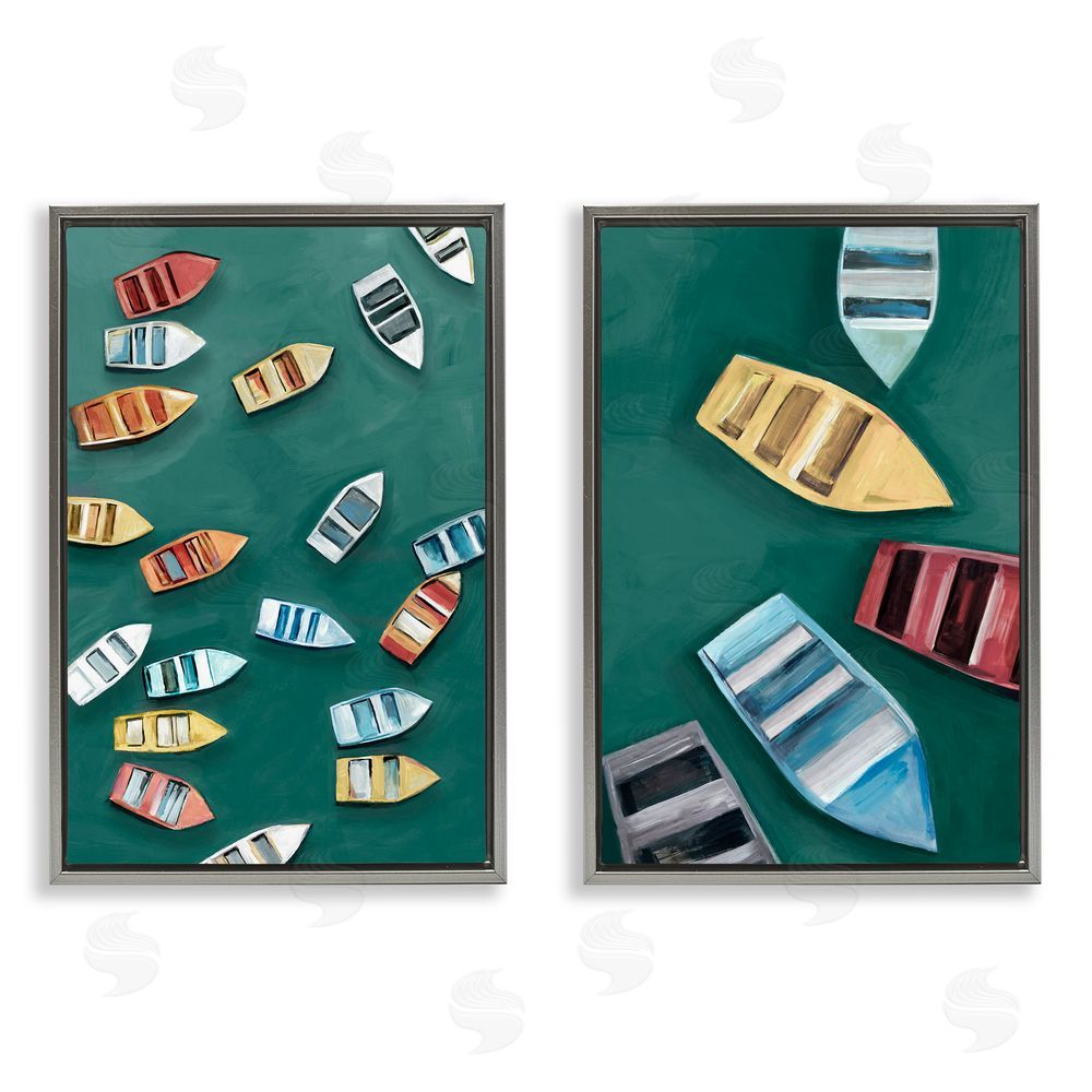 Hannah Dawson Drifting Colorful Rowboats Gray Floating Frame Canvas Art Set